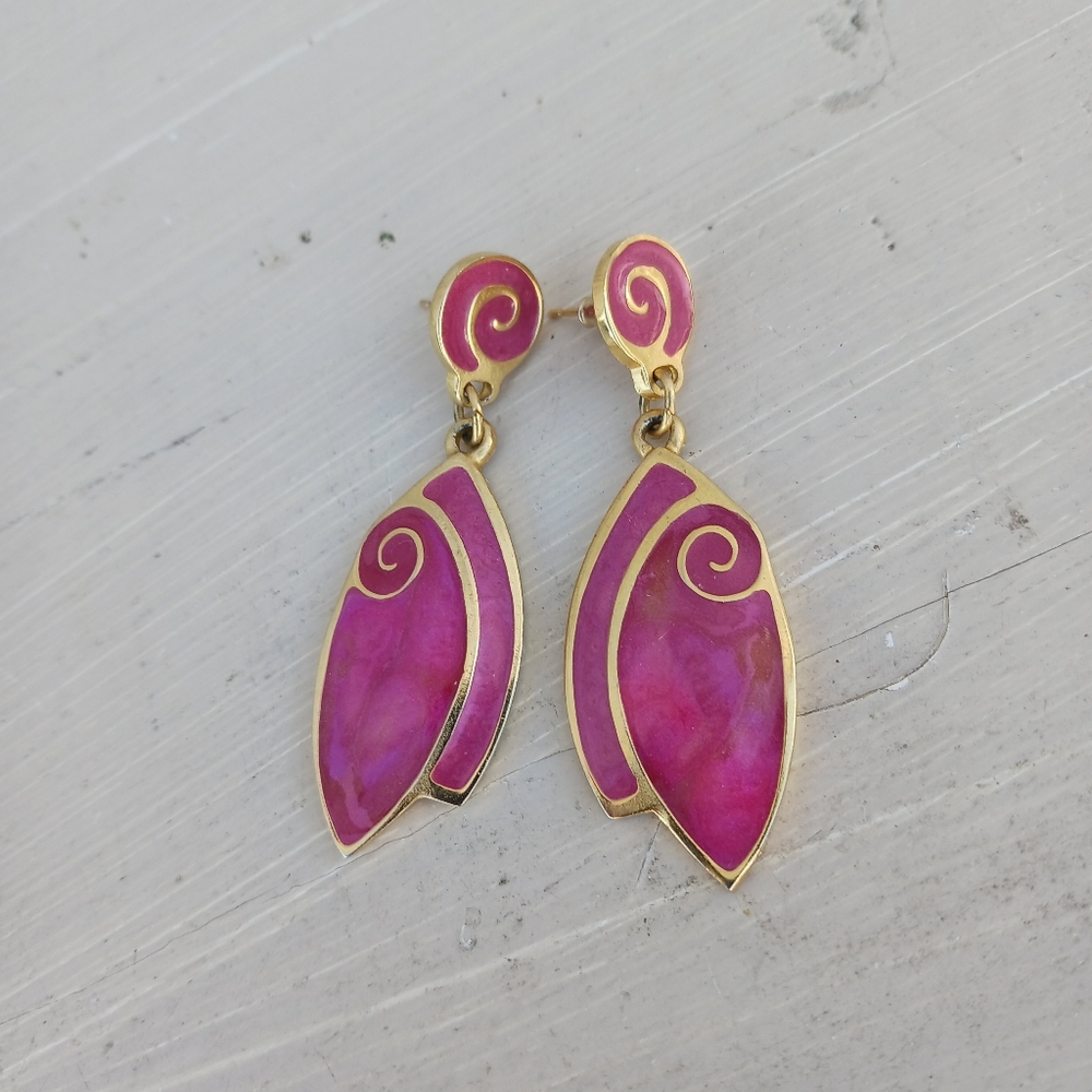 Vintage Berebi Signed Large Pink Enamel Gold Tone Stud Dangle Earrings 1980s